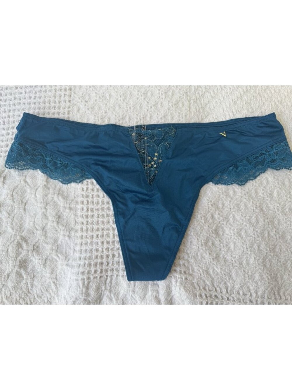 VICTORIA'S SECRET S SMALL CHEEKY TEAL BLUE GREEN GOLD SATIN LACE PANTIES NWT